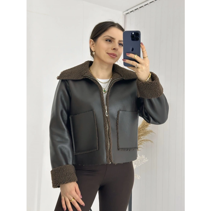İçi Kürklü Suni Deri Biker Ceket