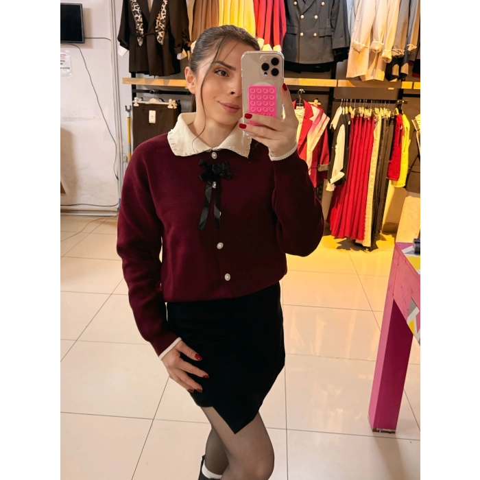 İnci taşlı Polo yaka kazak bordo