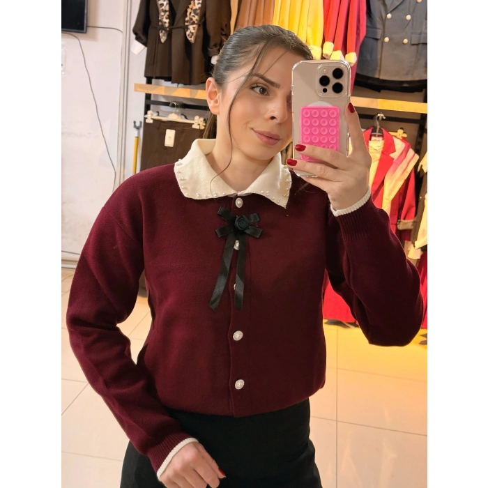 İnci taşlı Polo yaka kazak bordo
