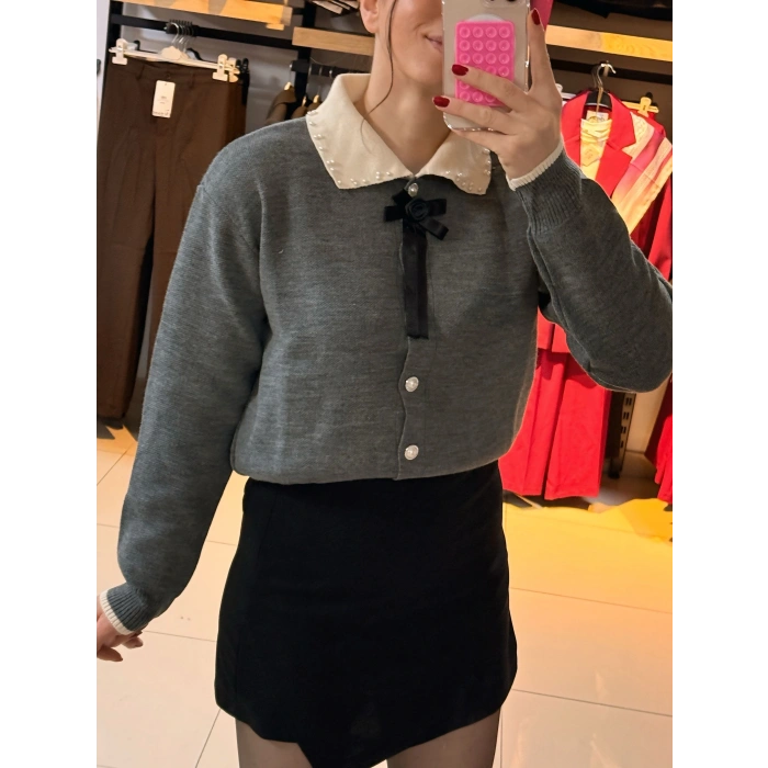 İnci taşlı Polo yaka kazak gri