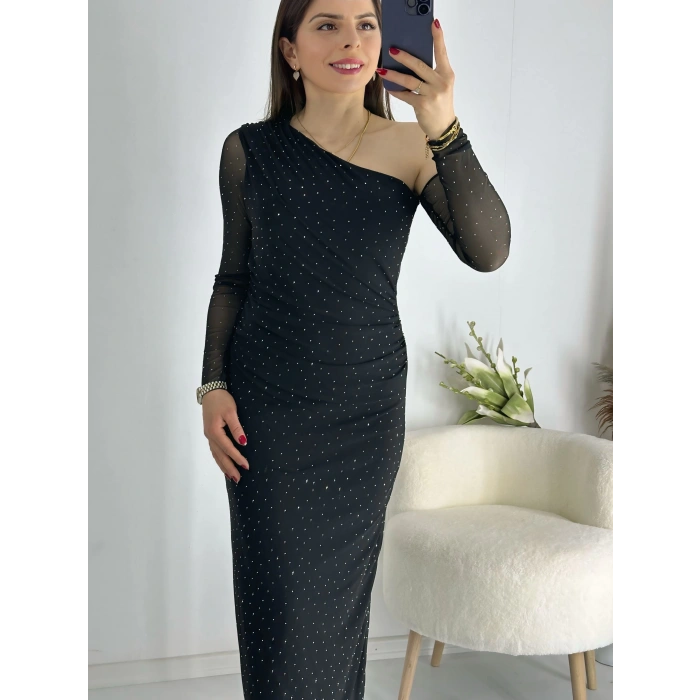 Işıltılı Tek Omuz Tül Elbise