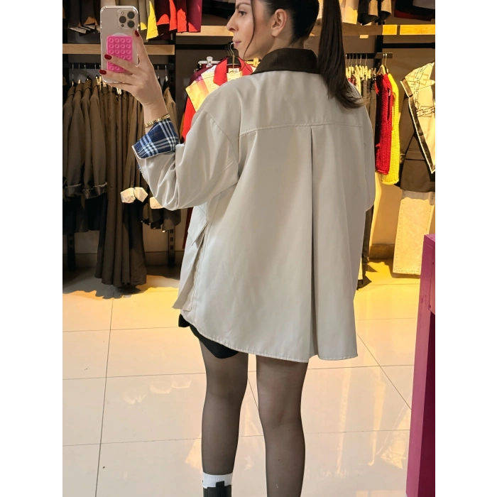 Kadife yaka ekose astar Trenç mont Bej