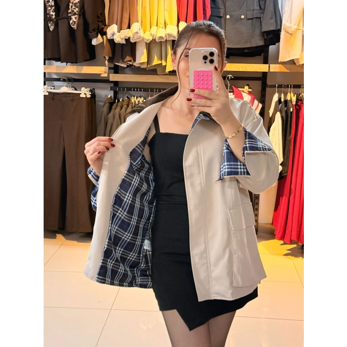 Kadife yaka ekose astar Trenç mont Bej