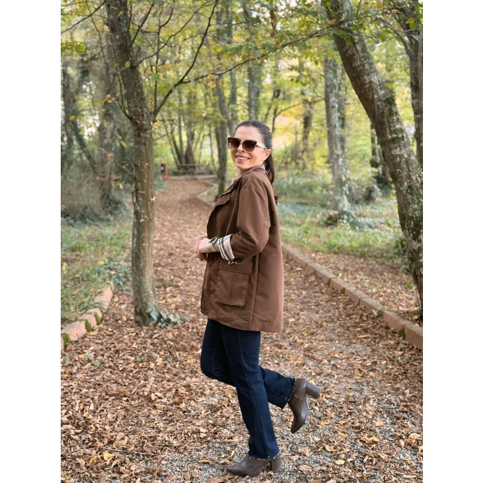 Kadife yaka ekose astar Trenç mont kahve