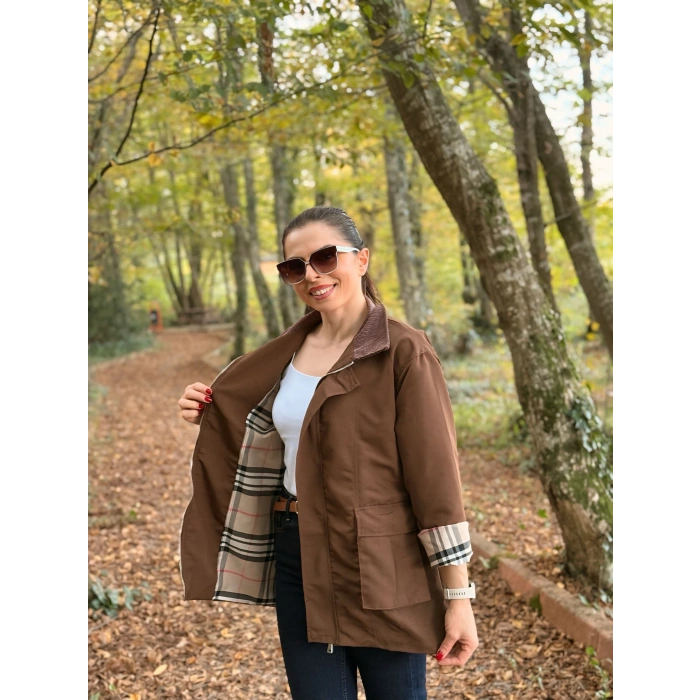 Kadife yaka ekose astar Trenç mont kahve