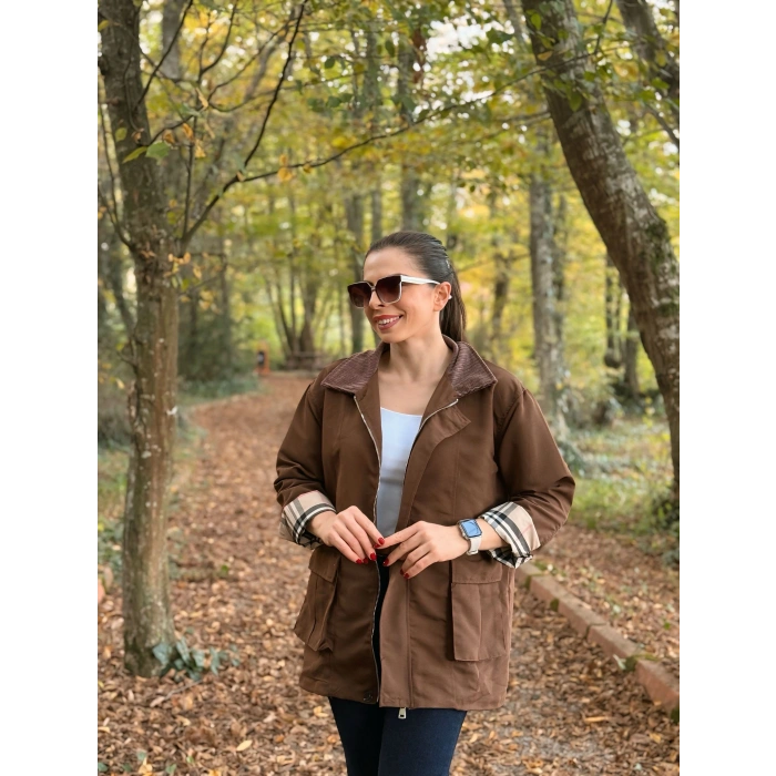 Kadife yaka ekose astar Trenç mont kahve