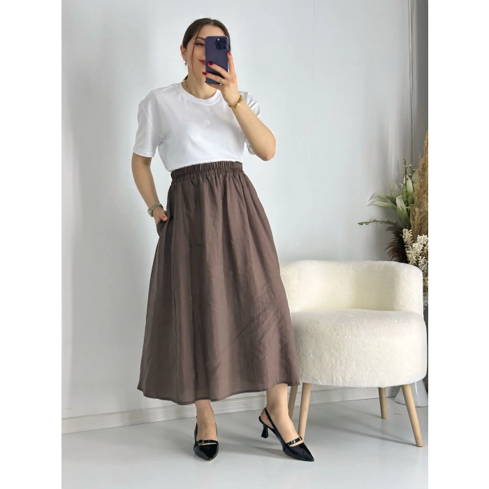 Kahve Beli Lastiklı Kloş Balon Etek