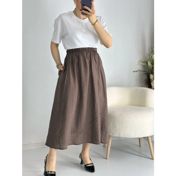 Kahve Beli Lastiklı Kloş Balon Etek