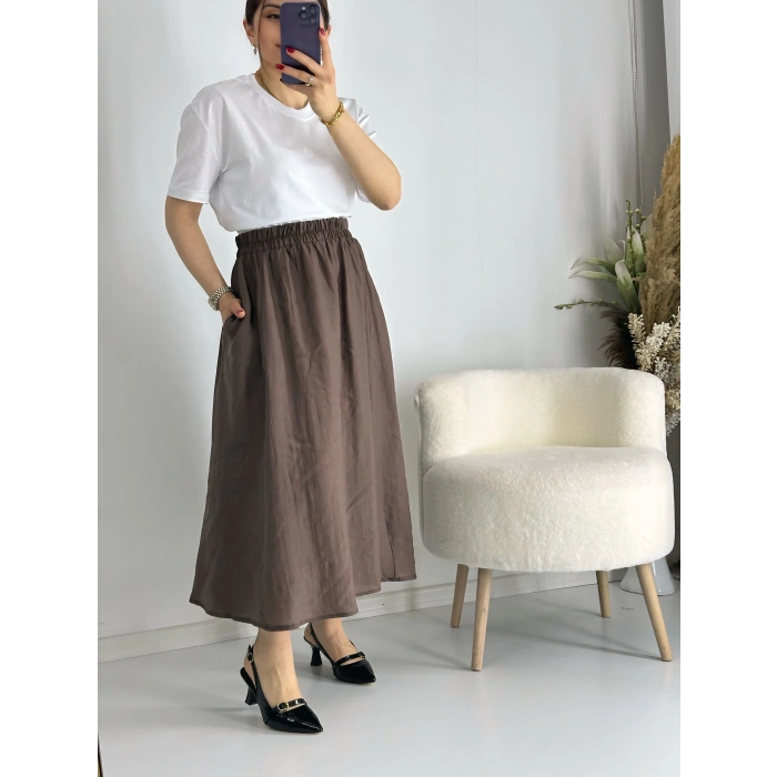 Kahve Beli Lastiklı Kloş Balon Etek