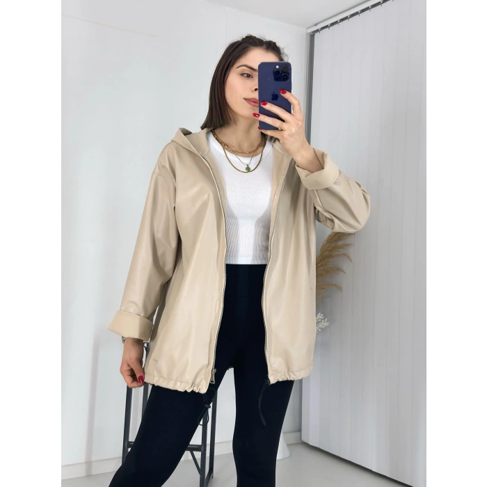 Kapşonlu Bej Deri Yağmurluk