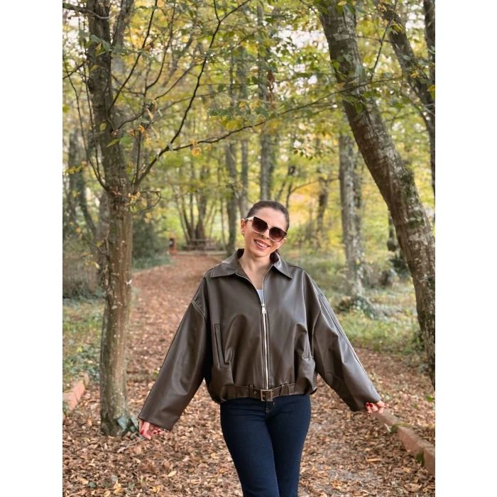 Kemer detay deri bomber ceket kahve