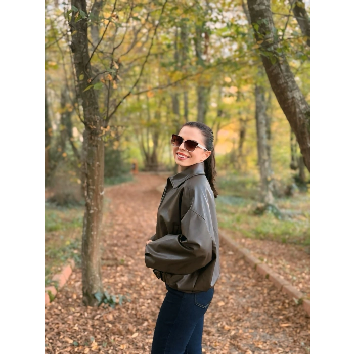 Kemer detay deri bomber ceket kahve