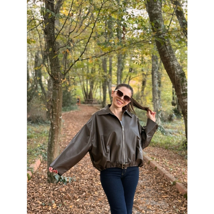 Kemer detay deri bomber ceket kahve