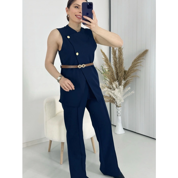Kemerli Yelekli Pantolon ikili Takım Lacivert