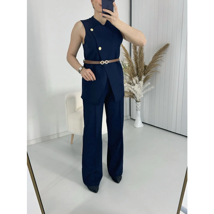 Kemerli Yelekli Pantolon ikili Takım Lacivert