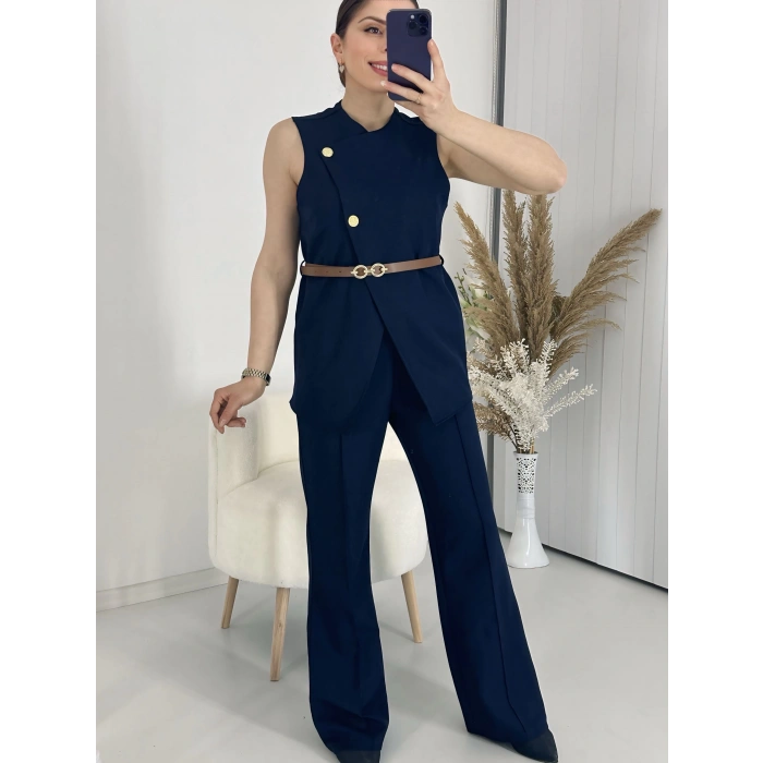 Kemerli Yelekli Pantolon ikili Takım Lacivert