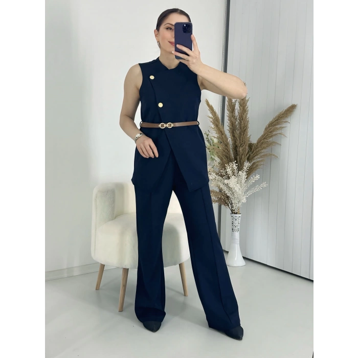 Kemerli Yelekli Pantolon ikili Takım Lacivert