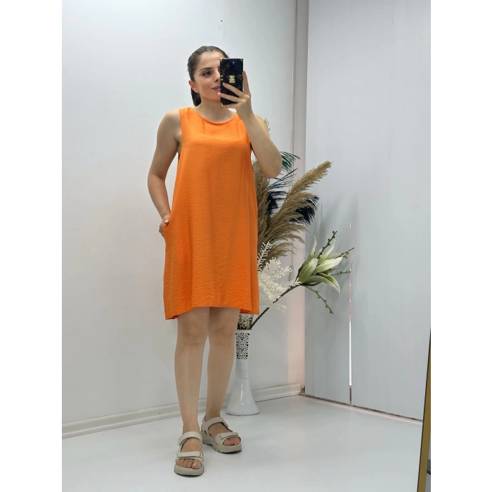 Keten Kumaş Kolsuz Elbise Turuncu