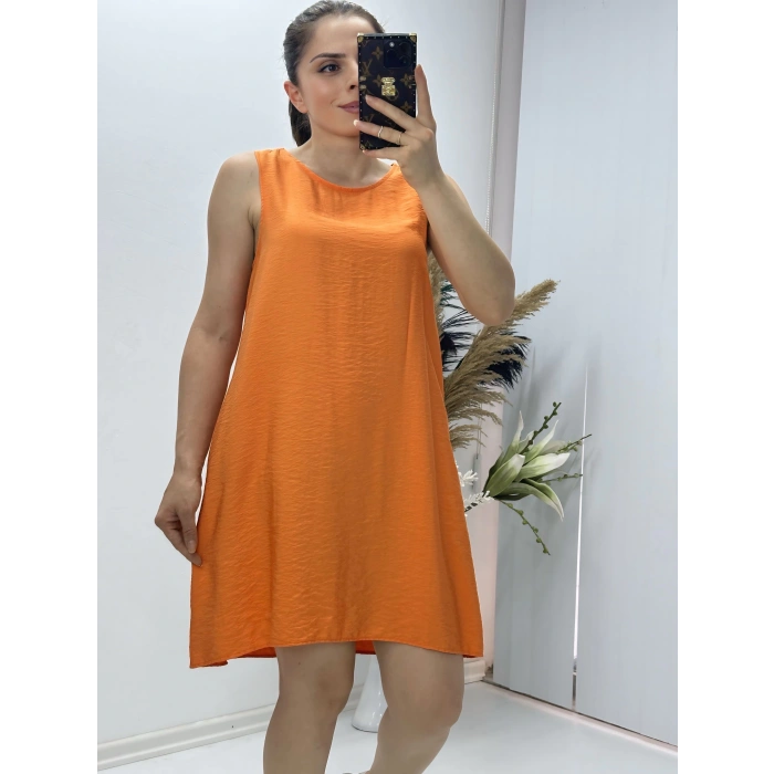 Keten Kumaş Kolsuz Elbise Turuncu