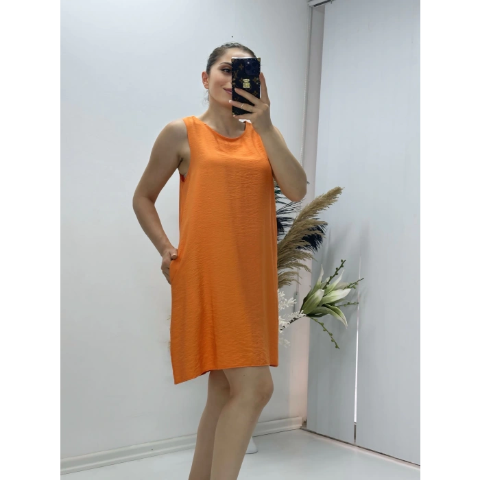 Keten Kumaş Kolsuz Elbise Turuncu