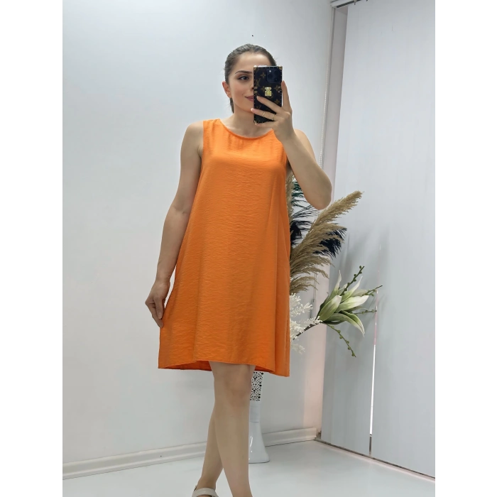 Keten Kumaş Kolsuz Elbise Turuncu