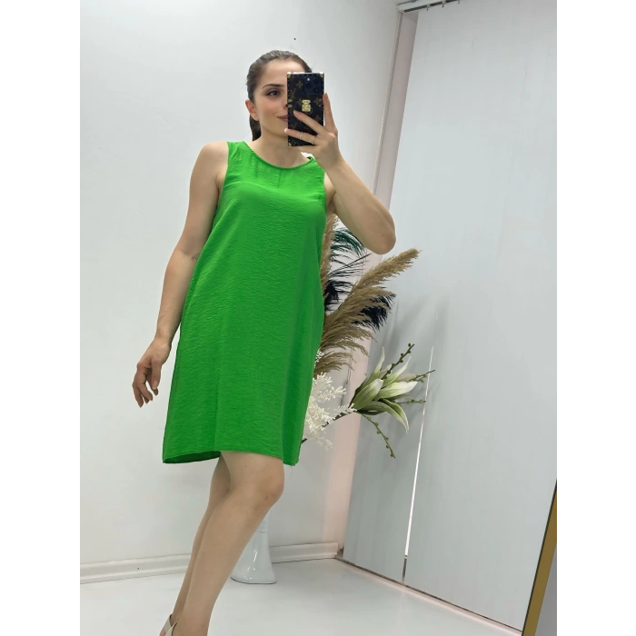 Keten Kumaş Kolsuz Elbise Yeşil