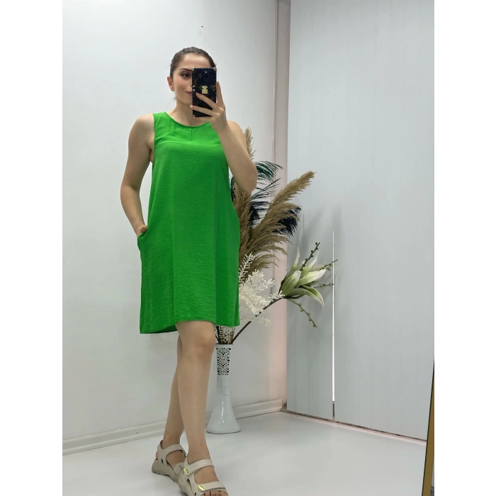 Keten Kumaş Kolsuz Elbise Yeşil