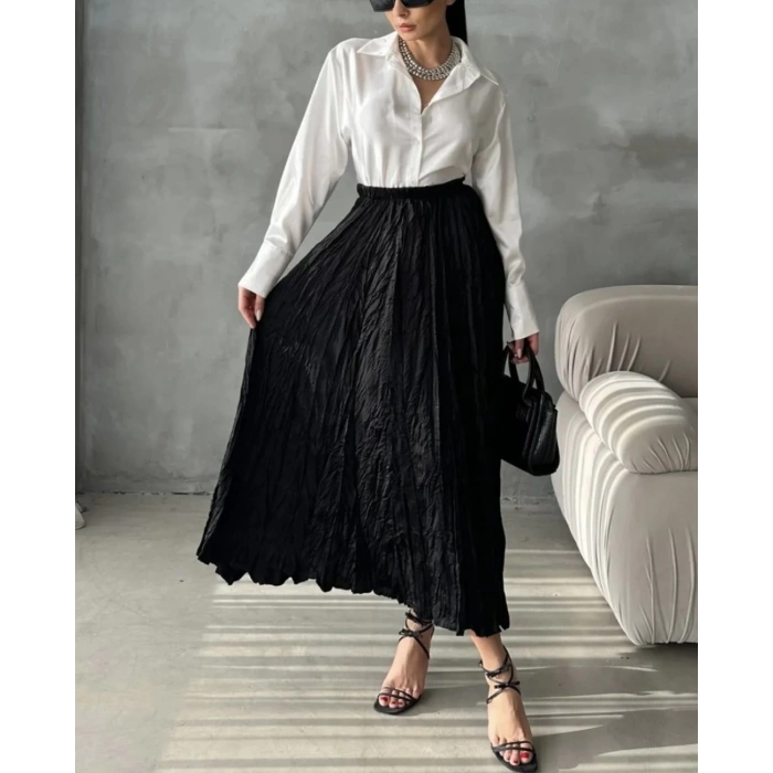 Kırışık Model Siyah Renk Etek