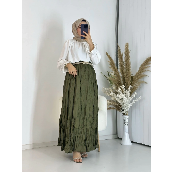 Kırışık Model Yeşil Renk Etek