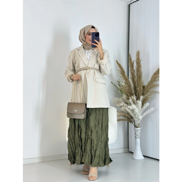 Kırışık Model Yeşil Renk Etek