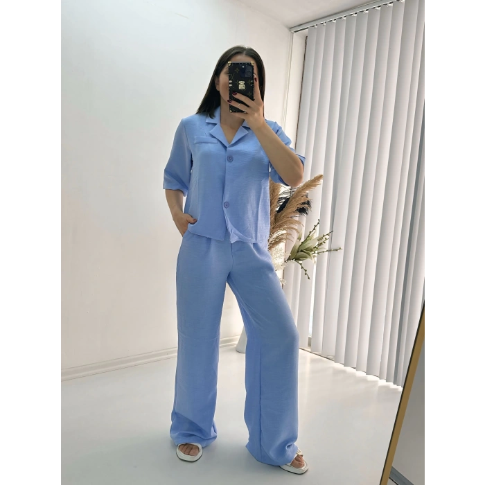 Kısa Kollu Bebe Mavi Keten Takım