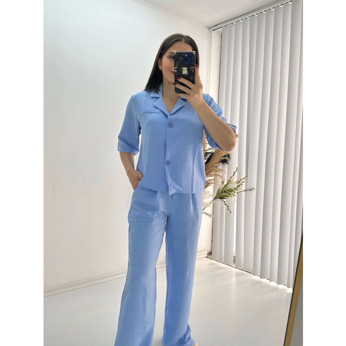 Kısa Kollu Bebe Mavi Keten Takım