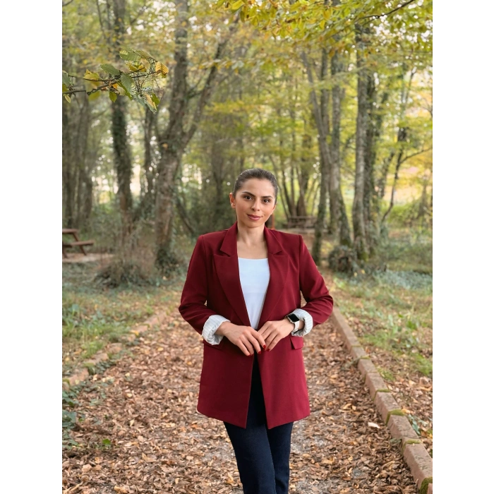 Kravuze yaka astar çizgili ceket bordo