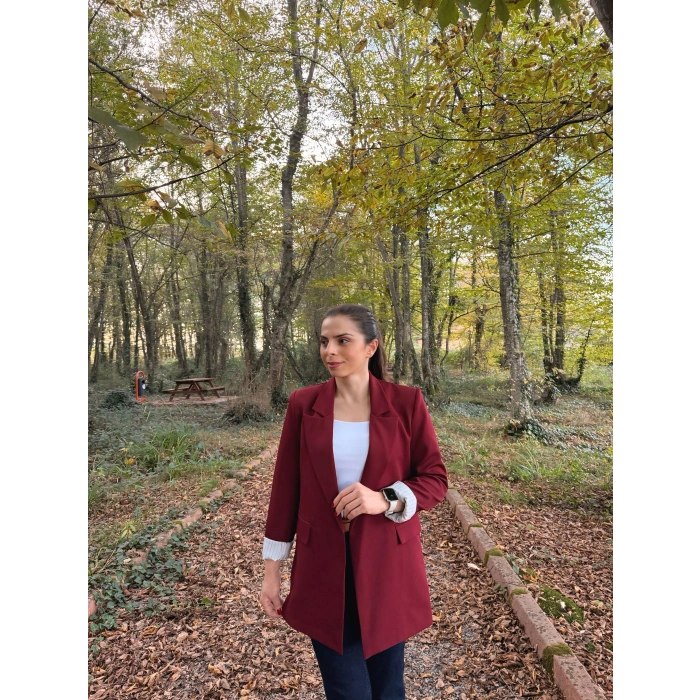 Kravuze yaka astar çizgili ceket bordo