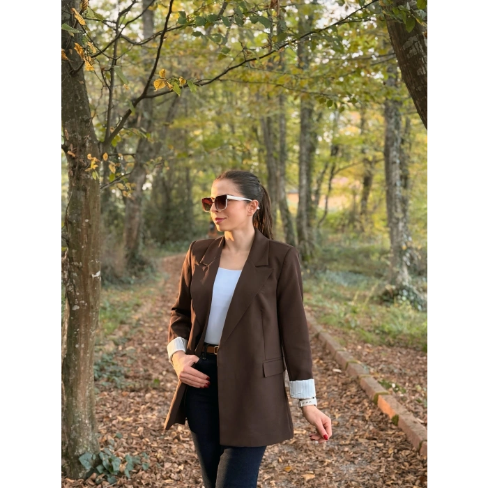 Kravuze yaka astar çizgili ceket kahve