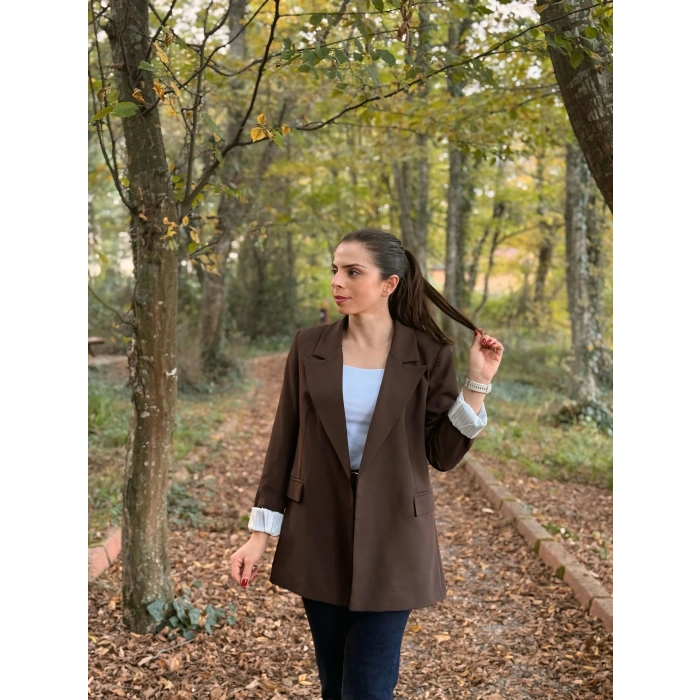 Kravuze yaka astar çizgili ceket kahve