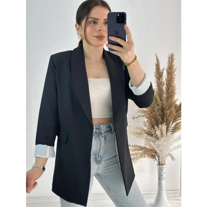 Kravuze Yaka Astar Çizgili Ceket Siyah