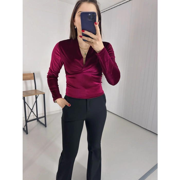 Kravuze Yaka Kadife Bluz Bordo