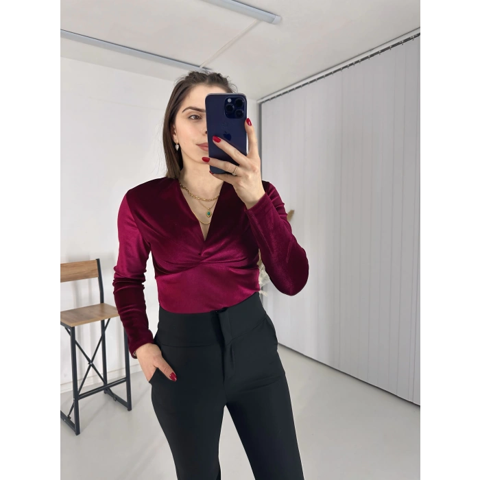 Kravuze Yaka Kadife Bluz Bordo