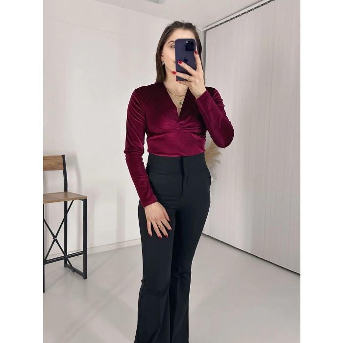 Kravuze Yaka Kadife Bluz Bordo