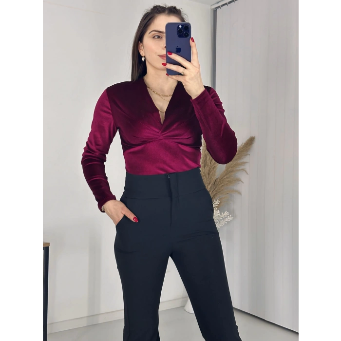 Kravuze Yaka Kadife Bluz Bordo