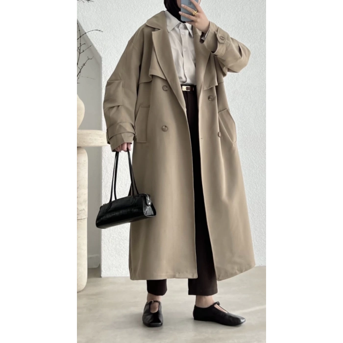 Kravuze Yaka Oversize Premium Trençkot Vizon