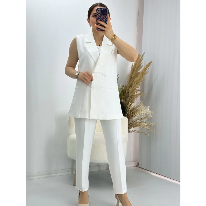 Kravuze Yaka Yelek Pantolon Takım Beyaz