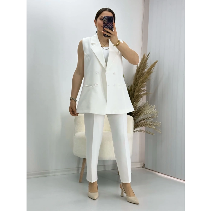 Kravuze Yaka Yelek Pantolon Takım Beyaz