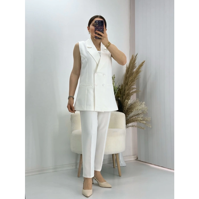 Kravuze Yaka Yelek Pantolon Takım Beyaz