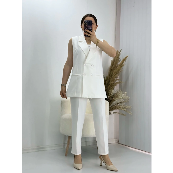 Kravuze Yaka Yelek Pantolon Takım Beyaz