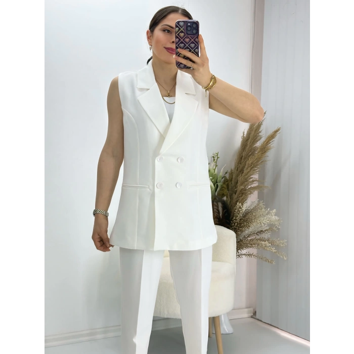 Kravuze Yaka Yelek Pantolon Takım Beyaz