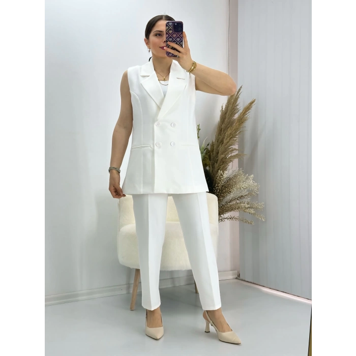 Kravuze Yaka Yelek Pantolon Takım Beyaz
