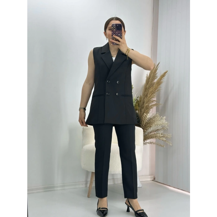 Kravuze Yaka Yelek Pantolon Takım Siyah