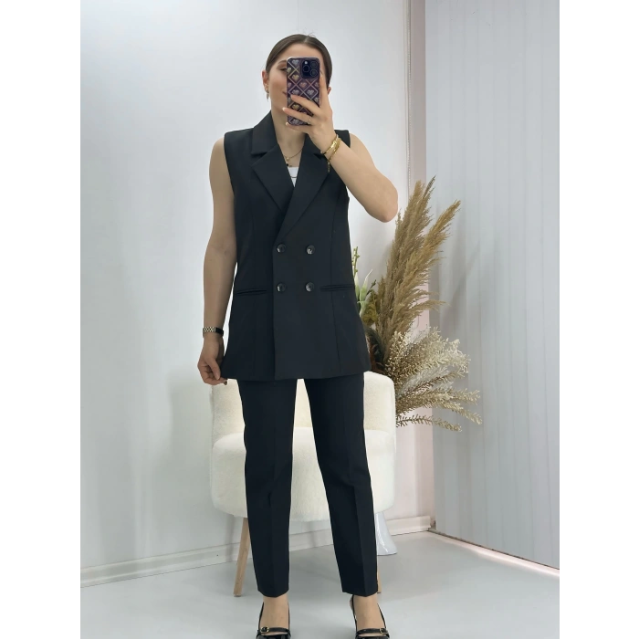 Kravuze Yaka Yelek Pantolon Takım Siyah